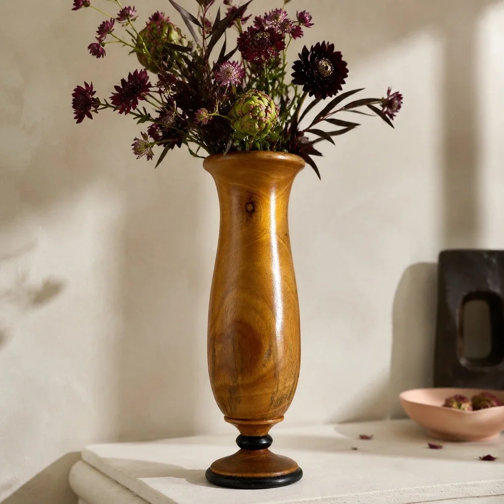 Brown Hand Turned Wood Vase Mid Century Modern Vintage 8